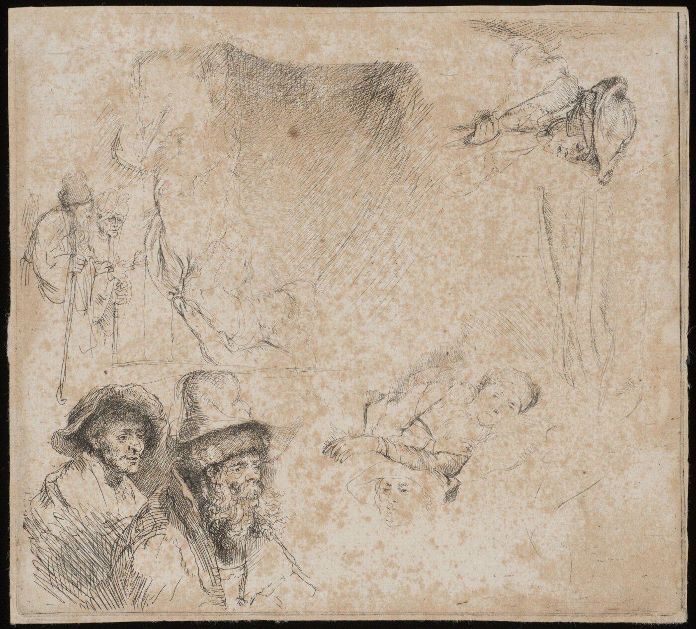 Rembrandt van Rijn, Sheet of studies, with a woman lying ill in bed, etc.
