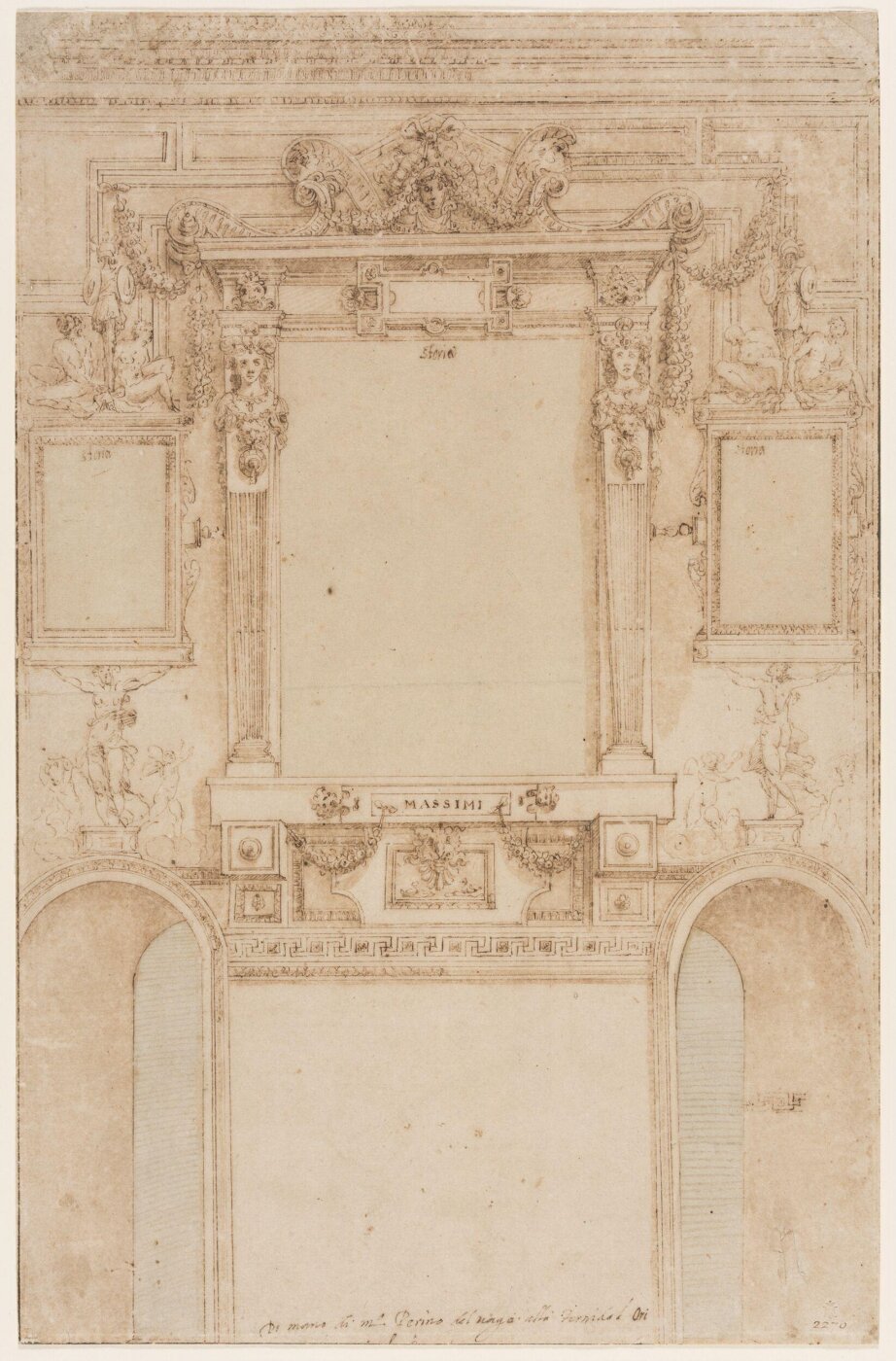 Perino del Vaga, Design for the decoration of a wall, with three framed panels, each inscribed 'Storia', above two arched doorway