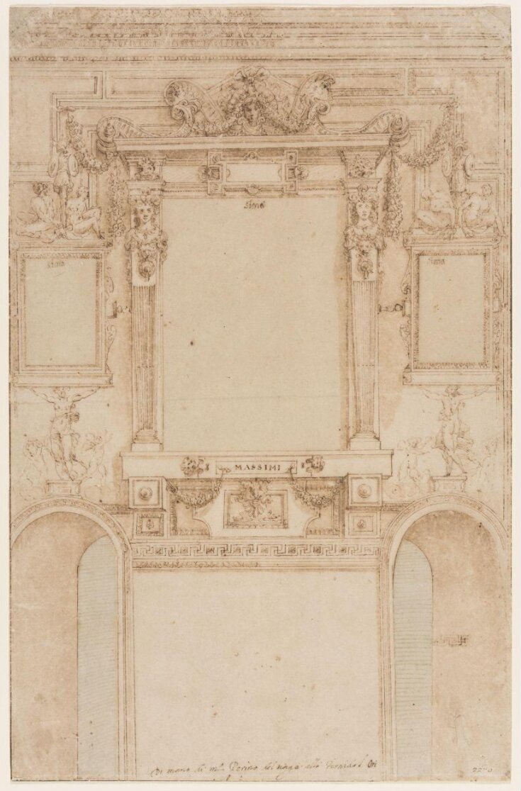 Design for the decoration of a wall, with three framed panels, each inscribed 'Storia', above two arched doorway top image