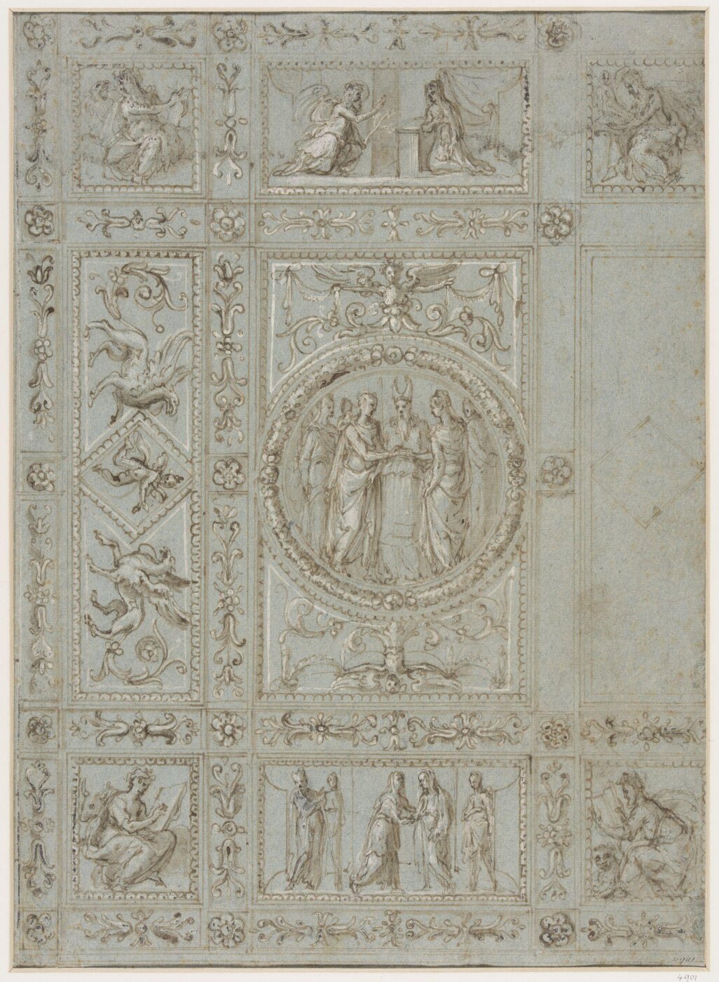 Unknown, Ornamental design, possibly for a ceiling: in a roundel in the middle The Marriage of the Virgin; above and below, the Annunciation and the Visitation; in the corners the four Evangelists with their emblems