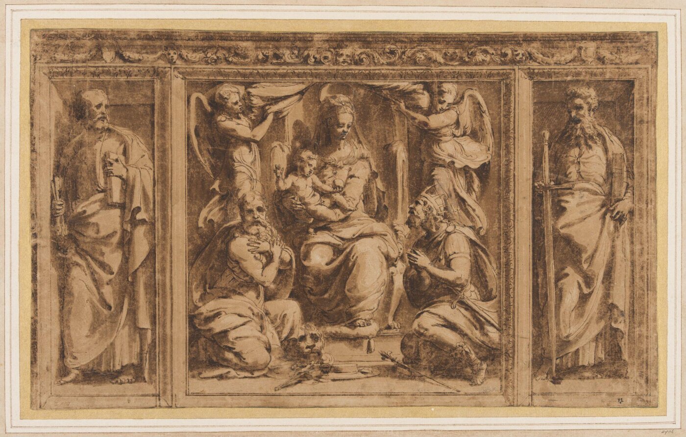 Perino del Vaga, Design for three painted or sculptured panels in an ornamented frame: in the middle the Virgin and Child adorded by St Jerome and a king; to the left and right St Peter and St Paul