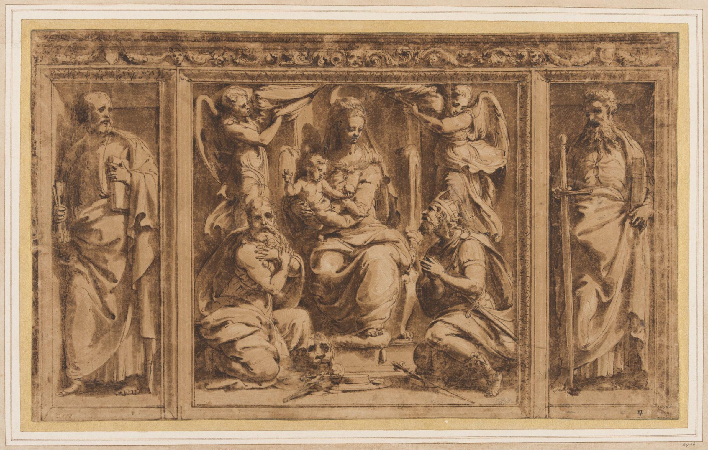 Design for three painted or sculptured panels in an ornamented frame: in the middle the Virgin and Child adorded by St Jerome and a king; to the left and right St Peter and St Paul, Perino del Vaga, 1501-1547