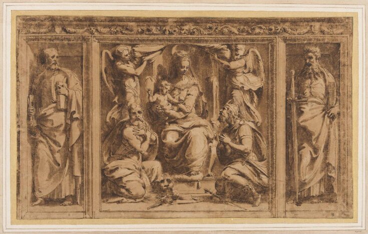 Design for three painted or sculptured panels in an ornamented frame: in the middle the Virgin and Child adorded by St Jerome and a king; to the left and right St Peter and St Paul top image