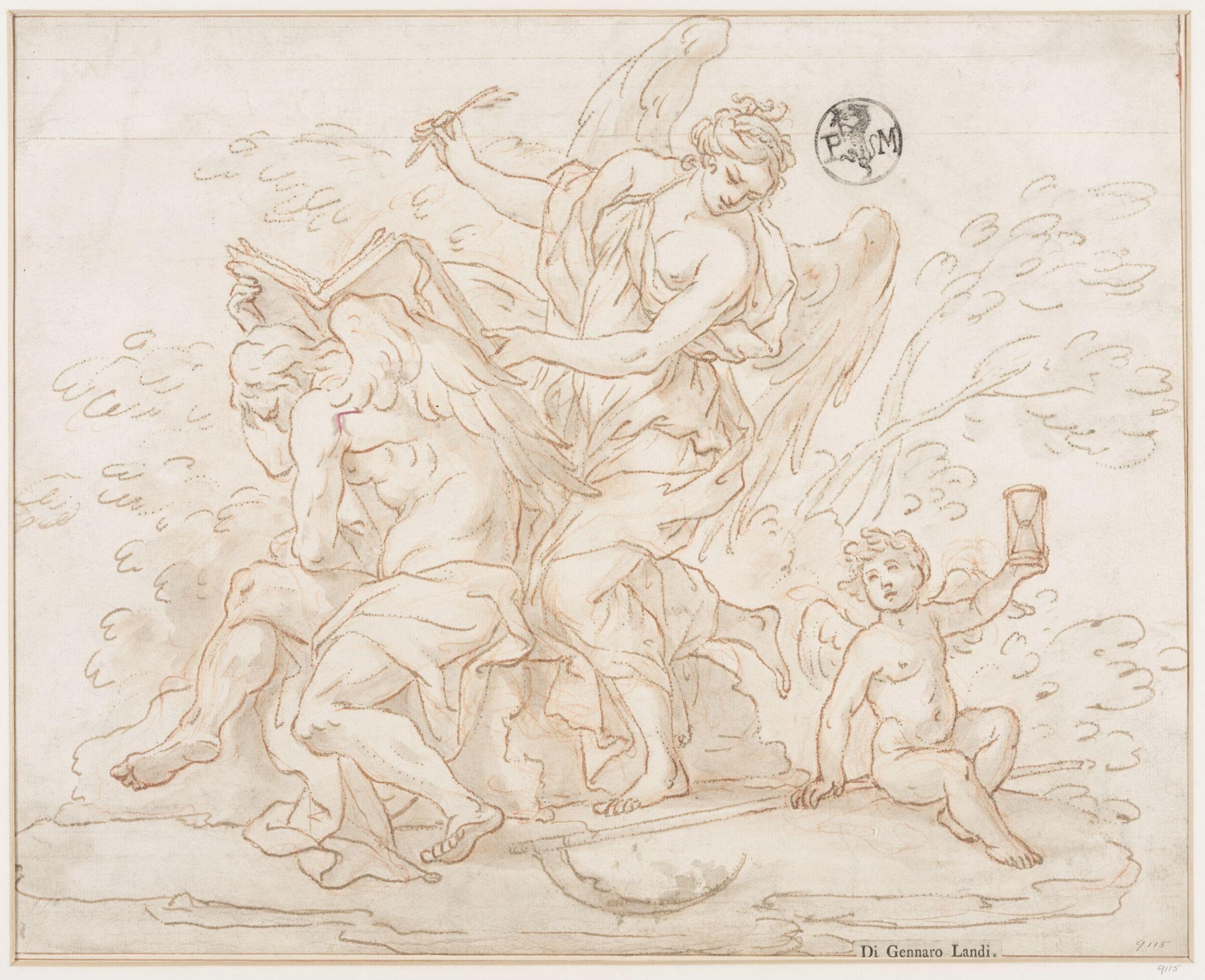 Allegorical composition; a winged female figure about to write a book supported on the shoulders of a figure of Time, while Cupid seated on the ground holds up an hour glass, Gennaro Landi, late 18th century