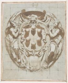 An elaborate cartouche with the Medici Arms flanked by Justice and Prudence thumbnail 1