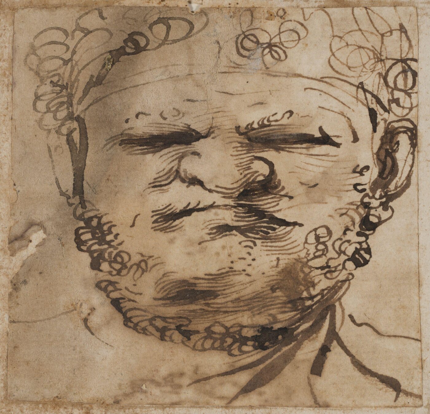 Guercino, Head of a bearded man, full face, grimacing