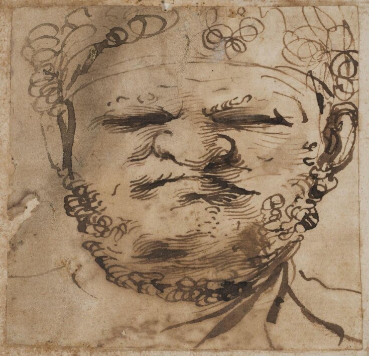 Head of a bearded man, full face, grimacing