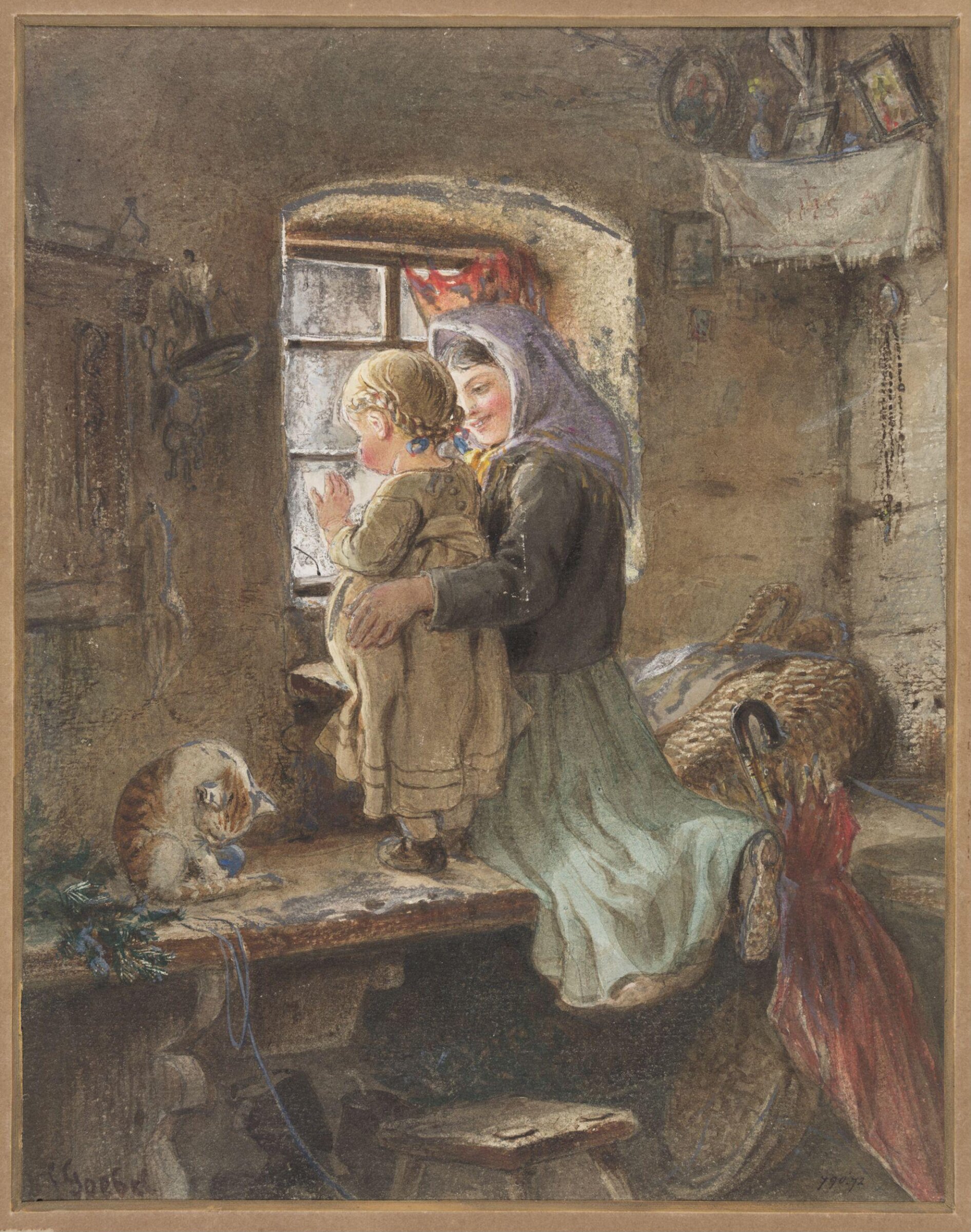 Young peasant girl and child at a window, Carl Goebel, ca. 1850-99