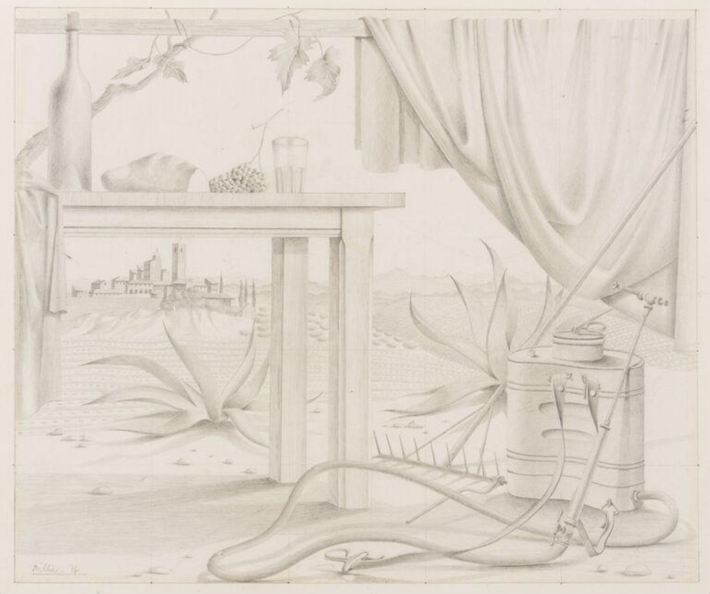 Landscape and still life with table, vine-sprayer and rake, Tristram Paul Hillier, 1936