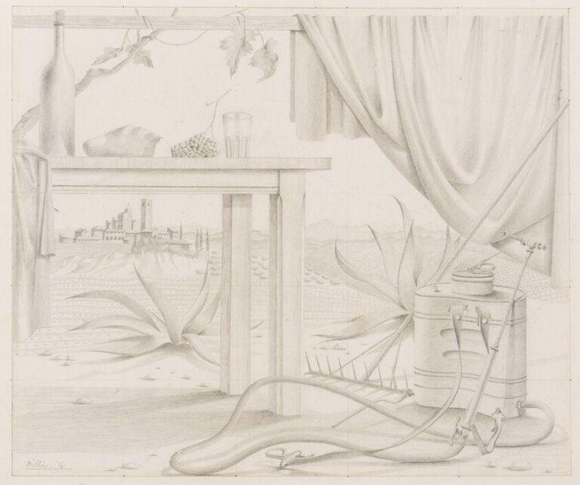 Landscape and still life with table, vine-sprayer and rake