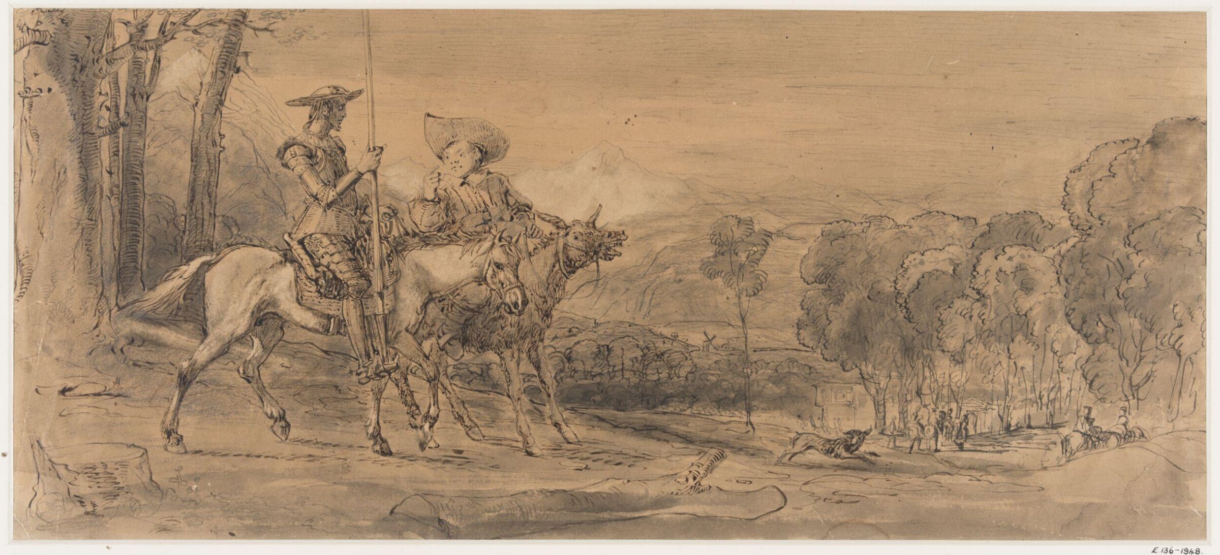 Don Quixote on a horse and Sancho Panza on a mule approaching a village, Callcott, 1800-44