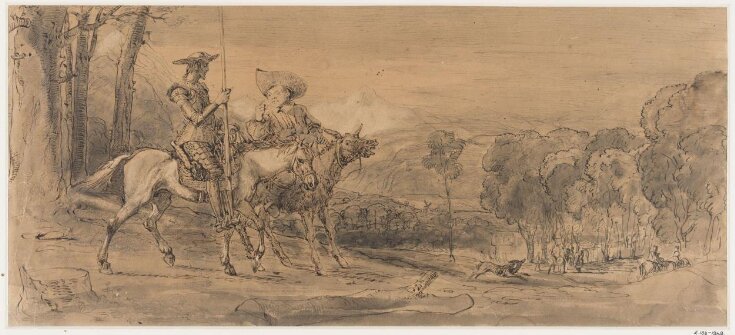 Don Quixote on a horse and Sancho Panza on a mule approaching a village top image