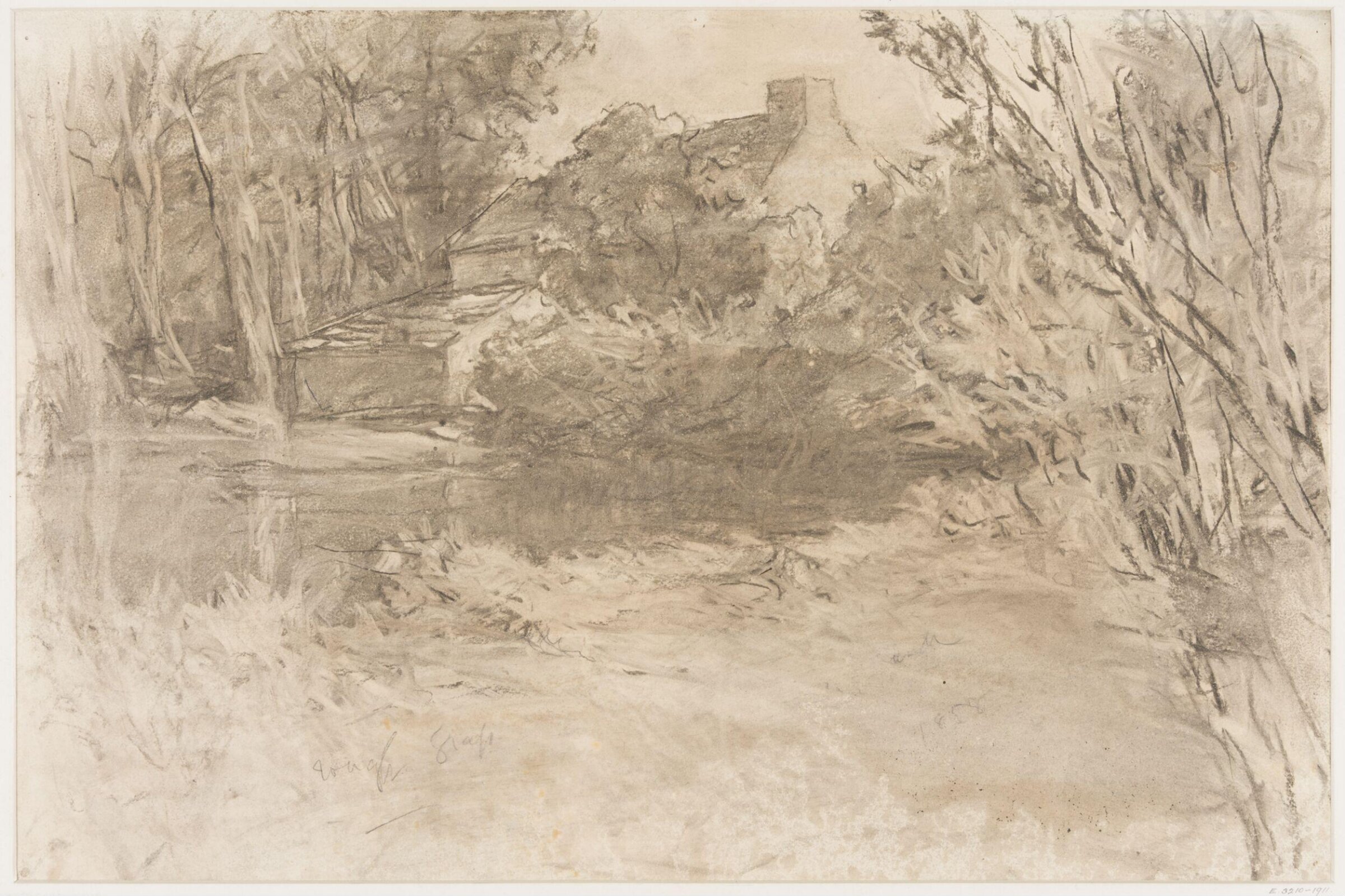 Cottage among trees, with a pond in front., Haden, 1858