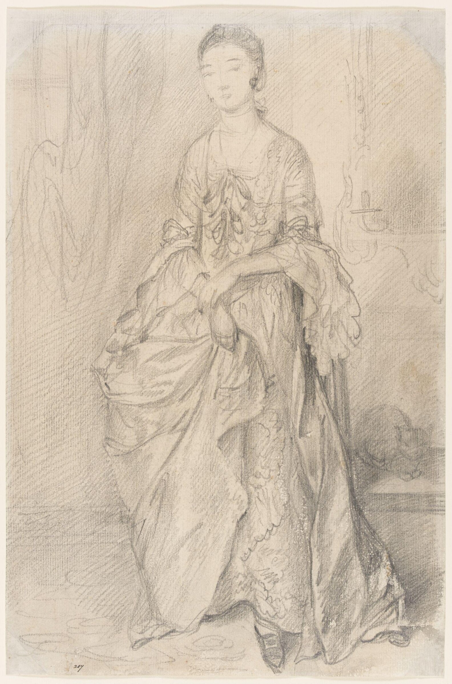 Study of a woman standing in an interior, with a cat seated on a chair beside her, Gainsborough, ca. mid 18th century