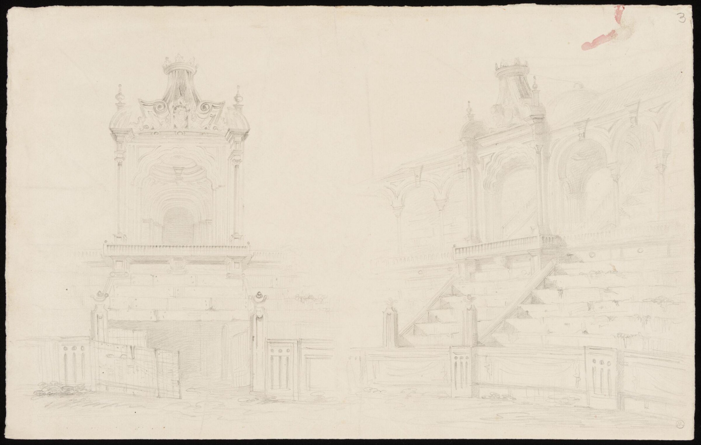 Two sketches of the Palco del Principe or Royal box, situated over the Puerta Grande or main entrance to the arena of the Plaza de Toros de la Maestranza de Caballeria de Sevilla, John Frederick Lewis, 1832-1833