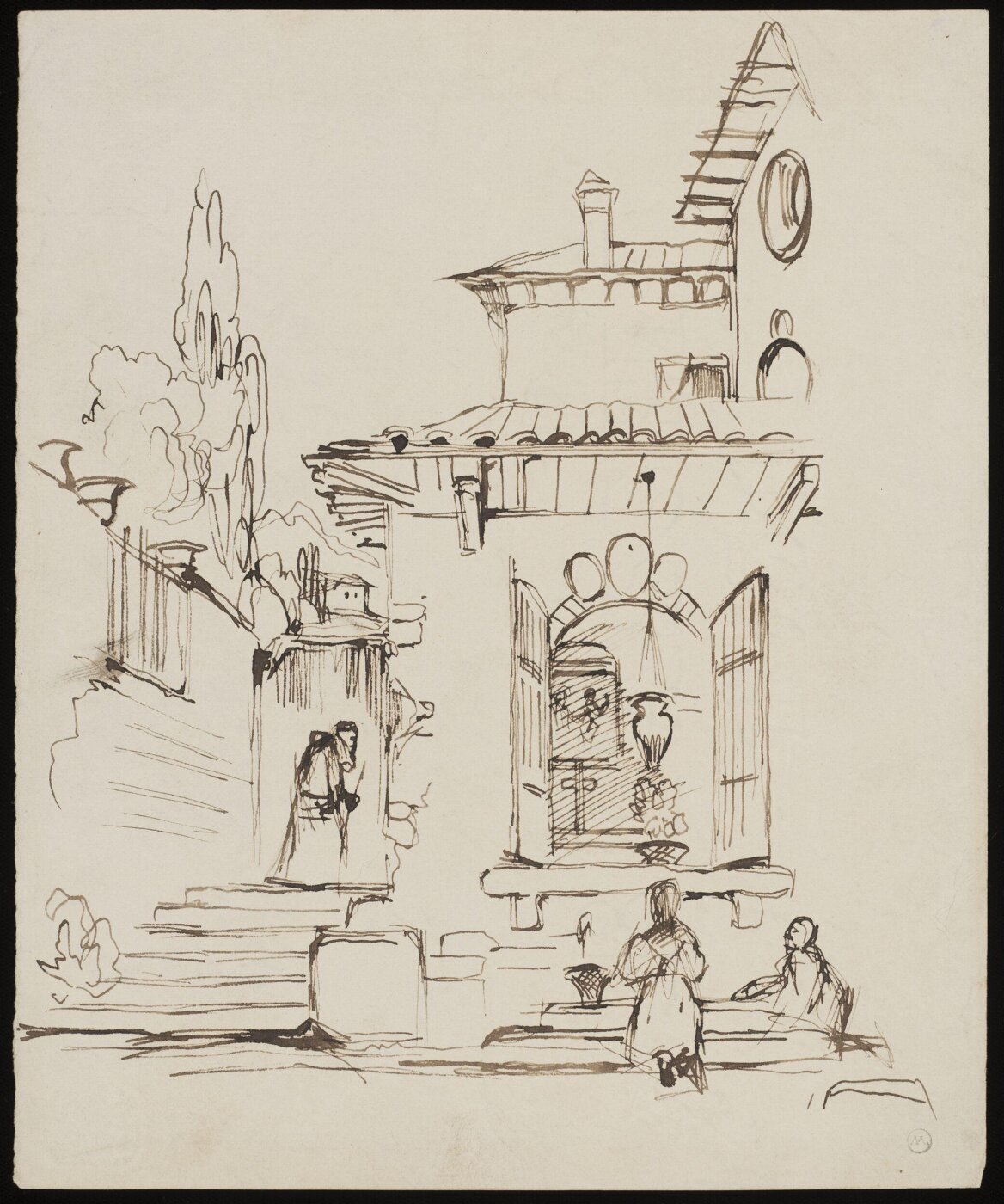 John Frederick Lewis, Rough sketch of the exterior of a Spanish chapel, with the shutters open to the street