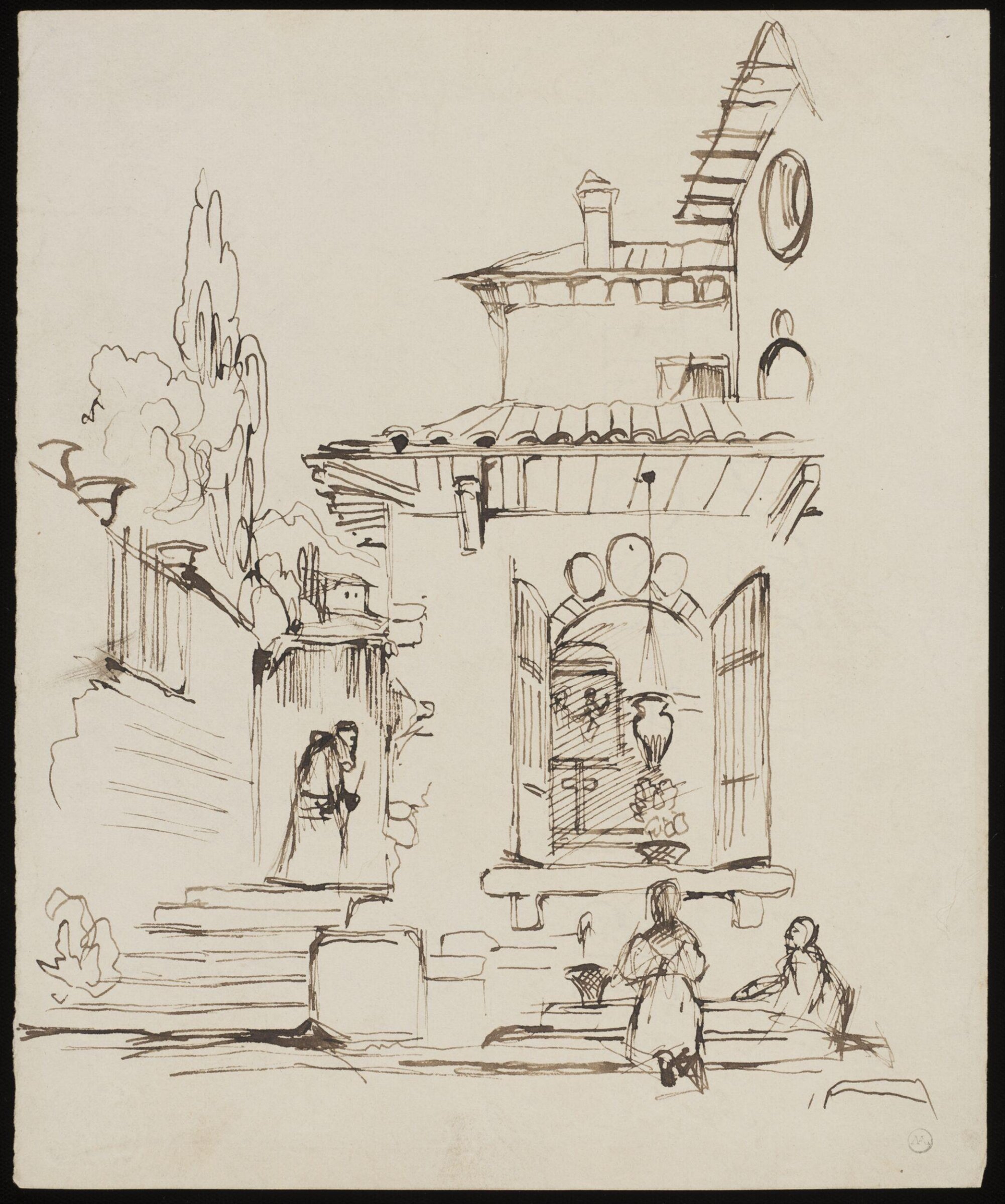 Rough sketch of the exterior of a Spanish chapel, with the shutters open to the street, John Frederick Lewis, 1831-1832