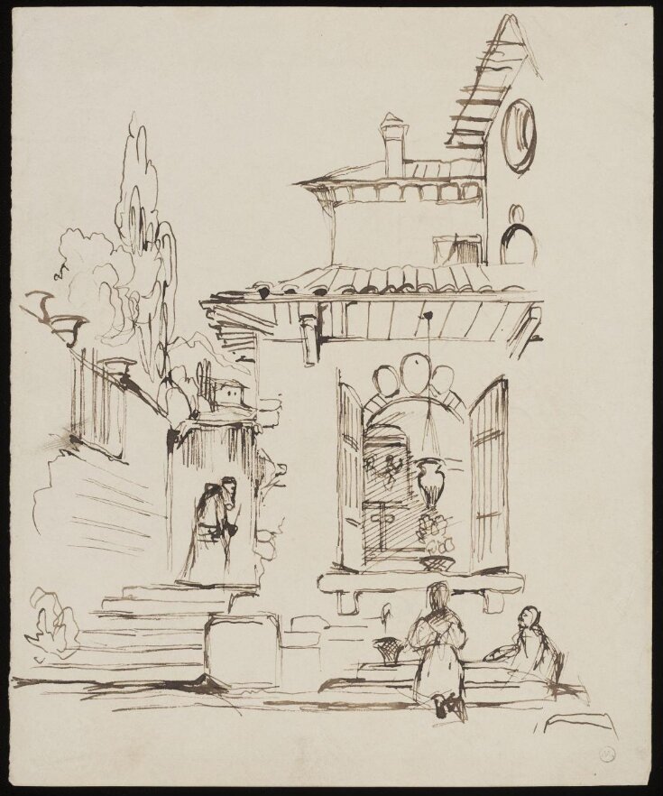 Rough sketch of the exterior of a Spanish chapel, with the shutters open to the street top image