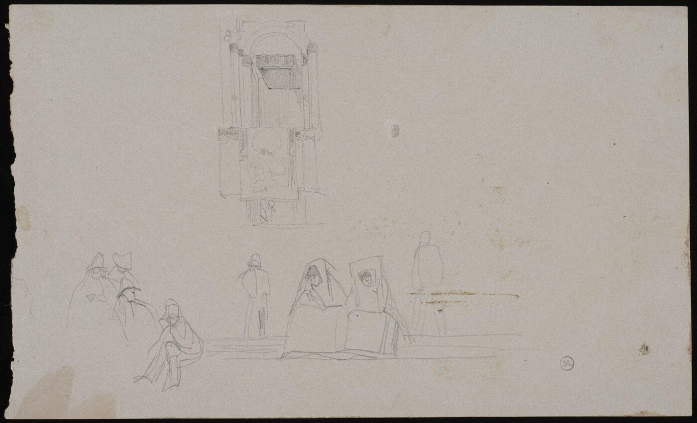 John Frederick Lewis, Rough sketch of an interior, showing soldiers and two hooded figures