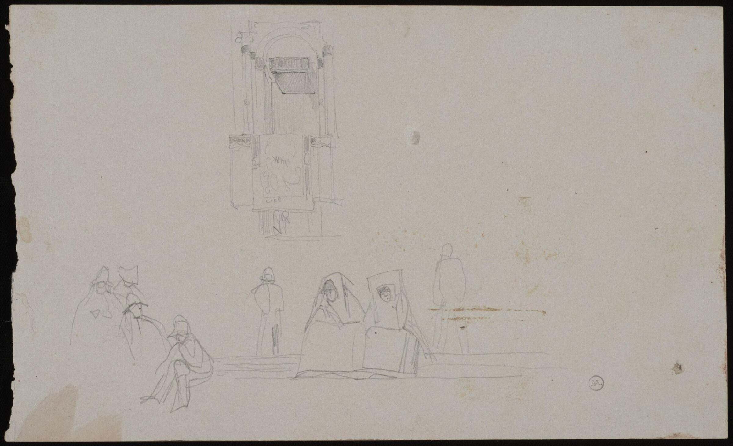 Rough sketch of an interior, showing soldiers and two hooded figures, John Frederick Lewis, 1832-1833