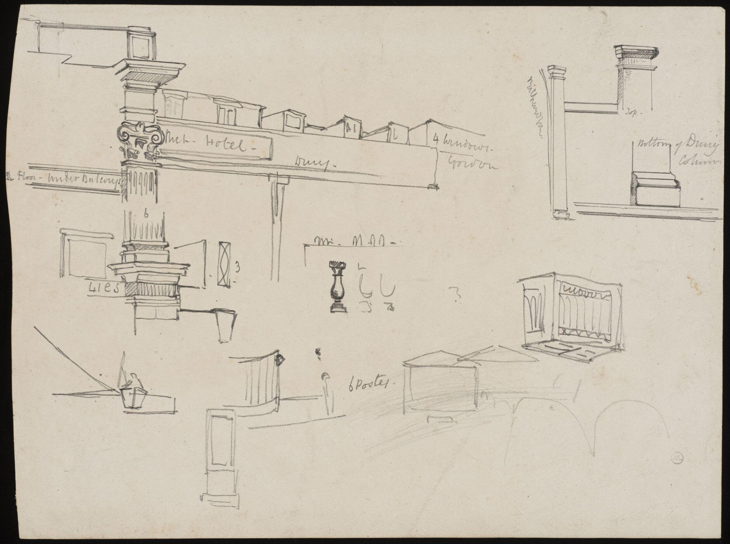 Sheet of roughly sketched architectural details, including columns and pilasters, relating to Covent Garden Market and surrounding buildings, John Frederick Lewis, 1830
