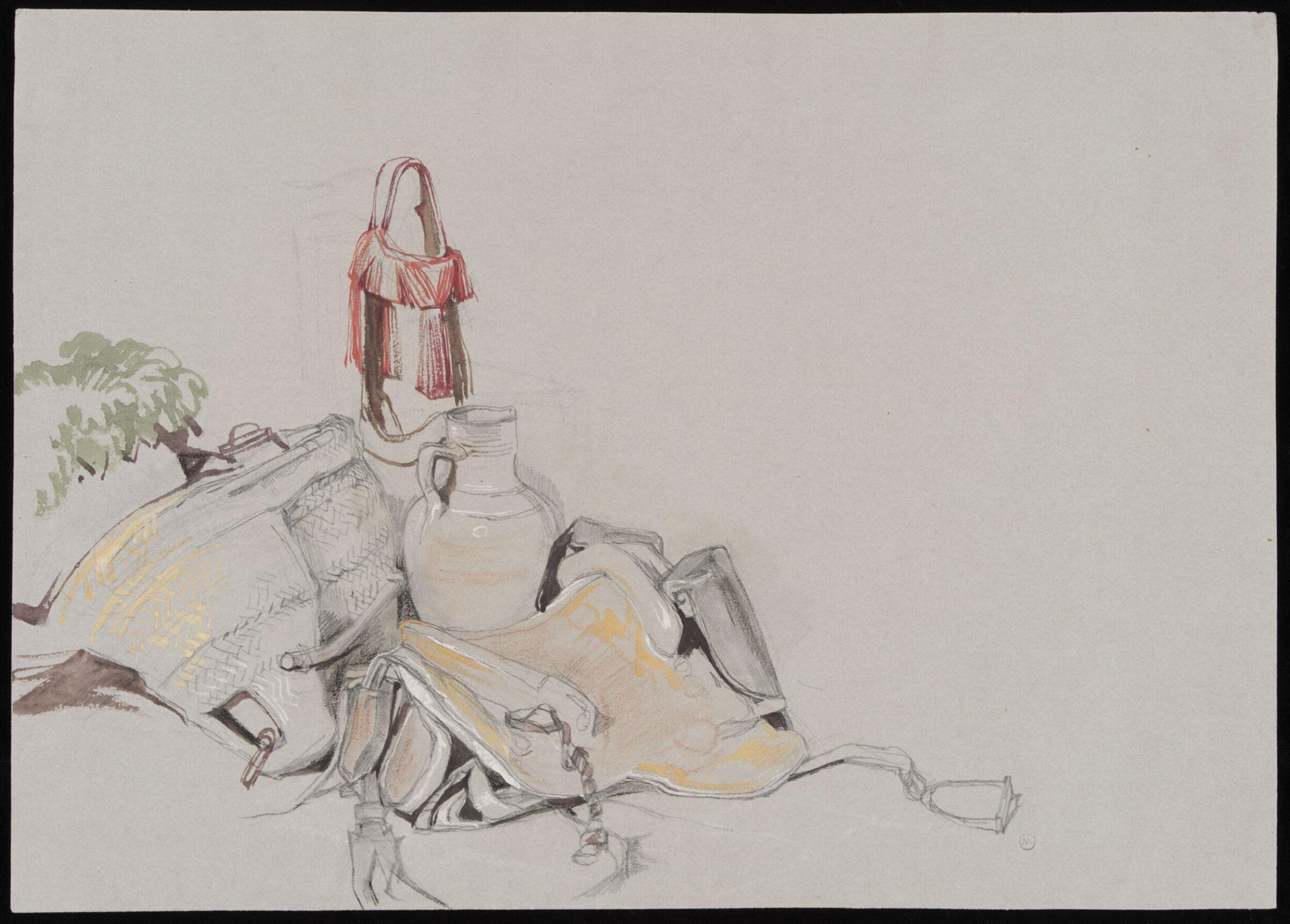 Rough sketches of a Spanish saddle, a saddlebag, a jug and a stirrup, John Frederick Lewis, 1832-1833