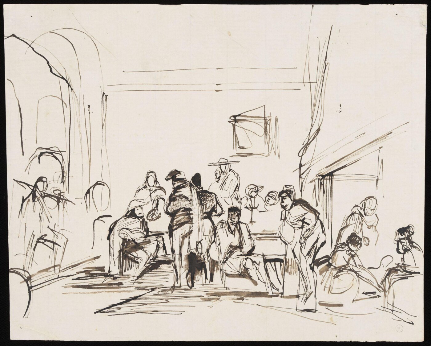 John Frederick Lewis, Rough composition sketch of men and women in a Spanish inn