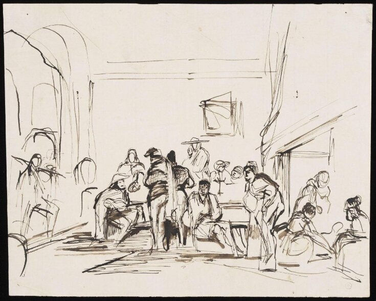 Rough composition sketch of men and women in a Spanish inn top image