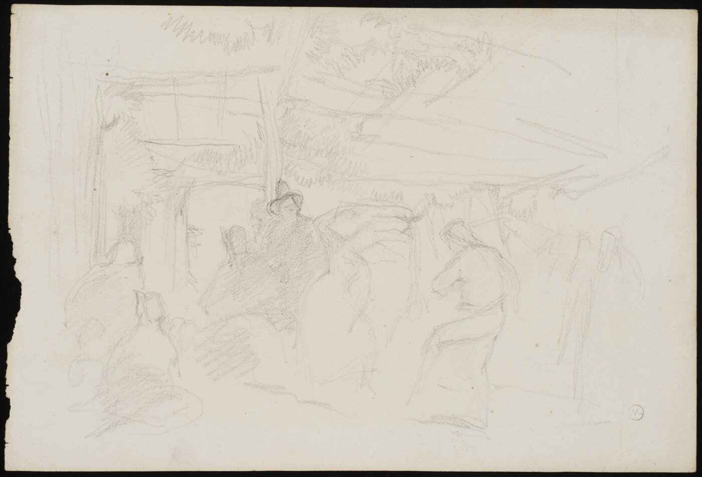 John Frederick Lewis, Rough sketch of a couple dancing under a vine-trellis, outside a Spanish wine-shop