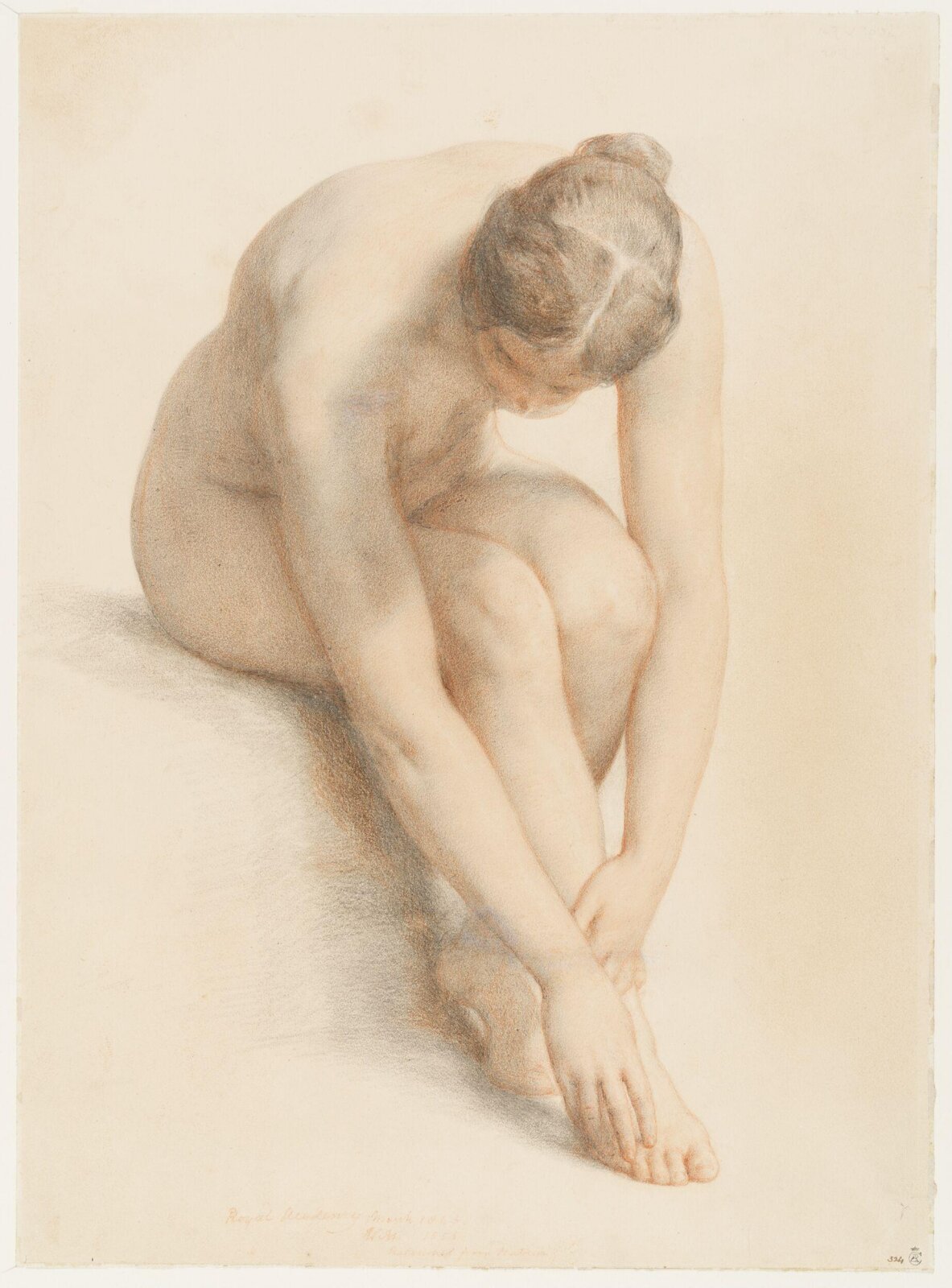 Female nude, seated, bending forward, William Mulready, 1856