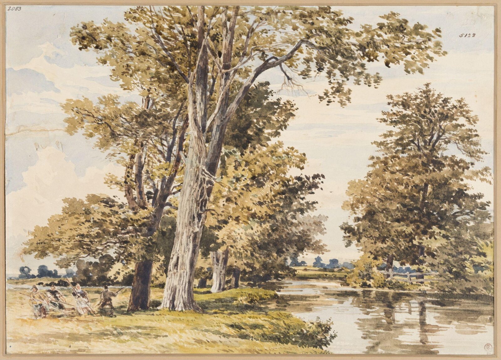 Landscape, river view with trees and haymakers, Charles Claude Pyne, 19th century