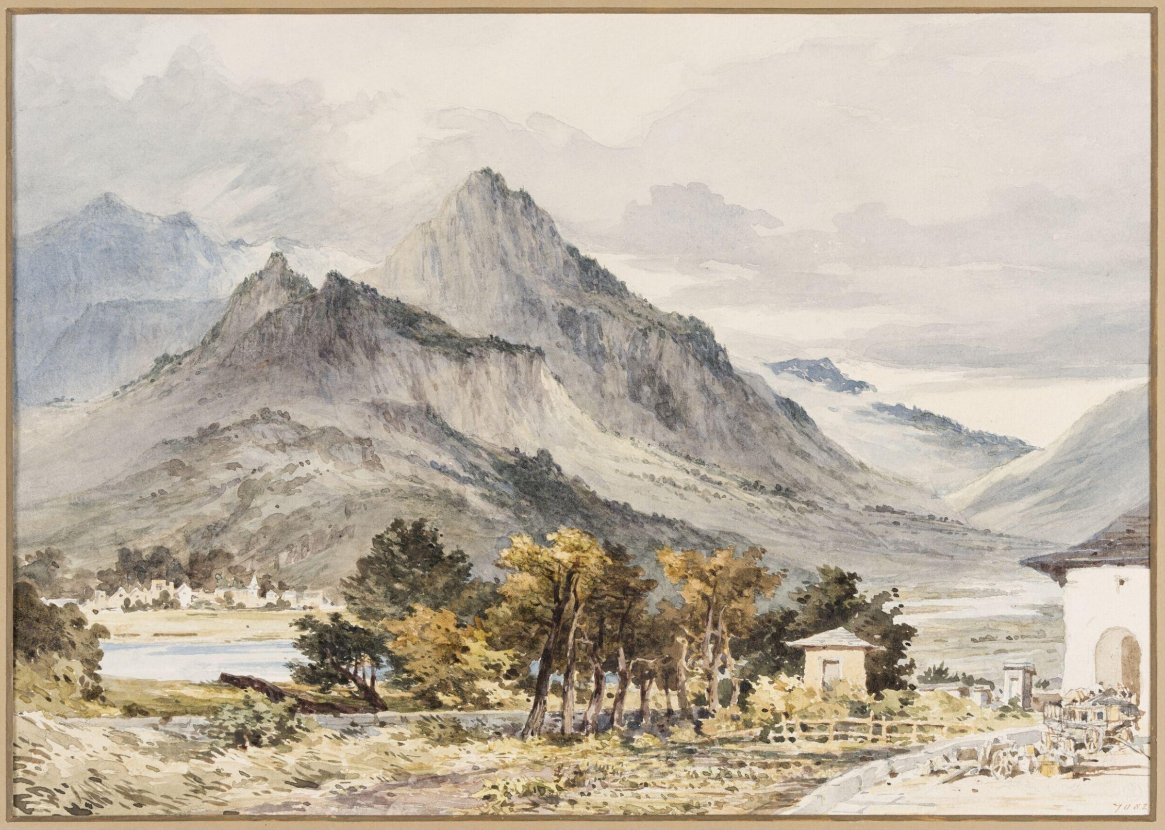 View of Naters from Brieg Switzerland, Charles Claude Pyne, 19th century