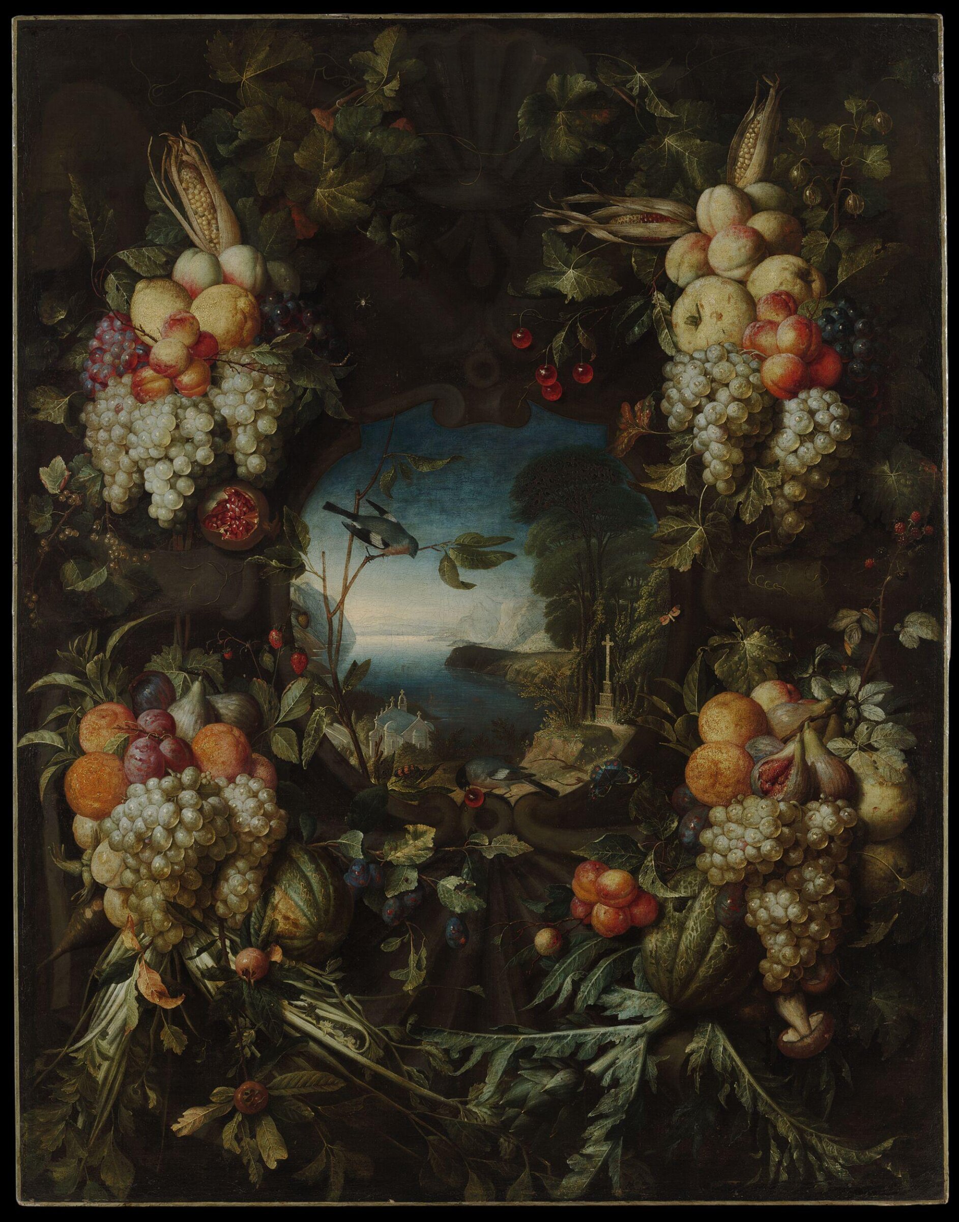 Garland of Fruit Surrounding a Cartouche Opening onto a Landscape, Jan Pauwel Gillemans the Elder, mid 17th century