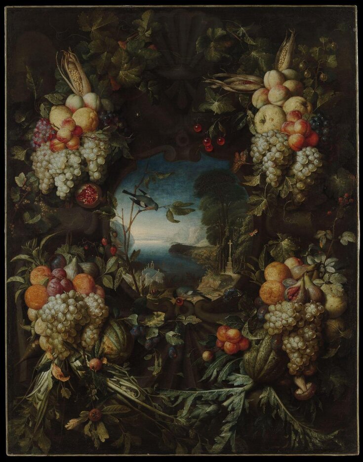 Garland of Fruit Surrounding a Cartouche Opening onto a Landscape top image