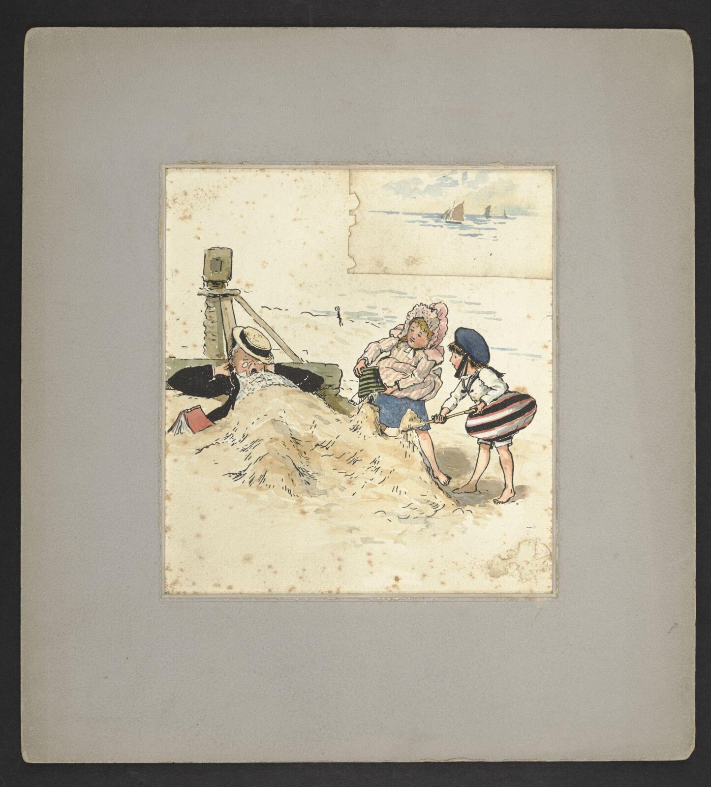 Children burying a man in sand, ca. 1890