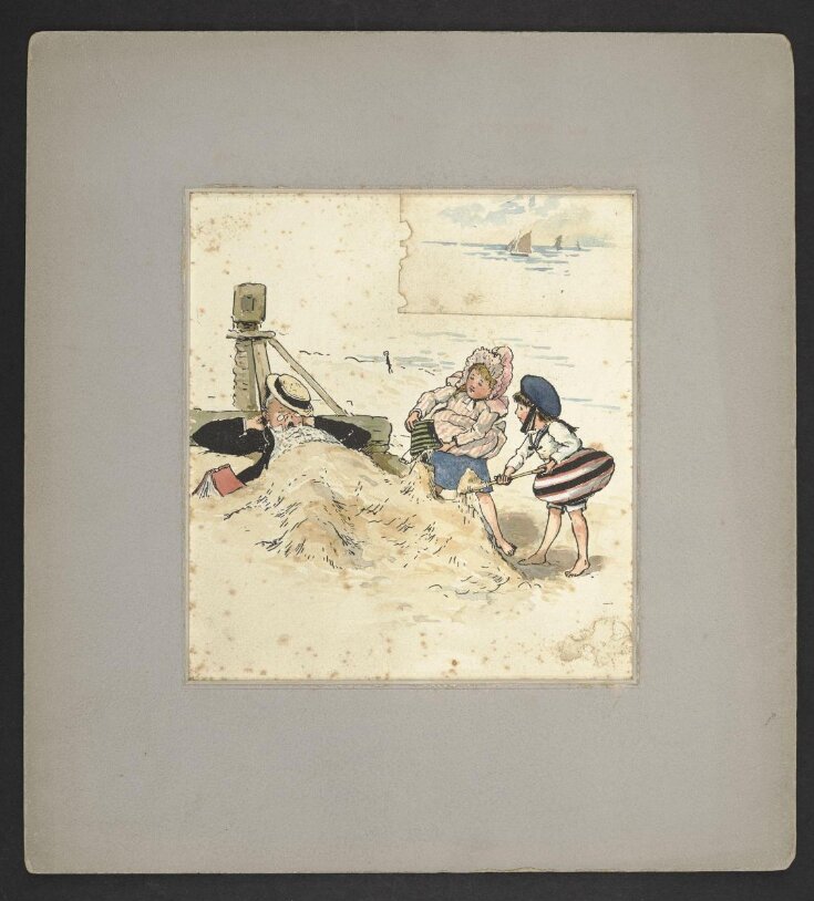 Children burying a man in sand top image