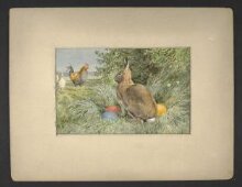 'Brown rabbit; red, blue & yellow eggs; two fowls' thumbnail 1