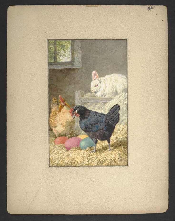 Rabbits and hens; eggs on straw top image