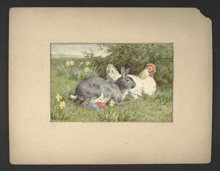Rabbit, hen and blue and red egg top image