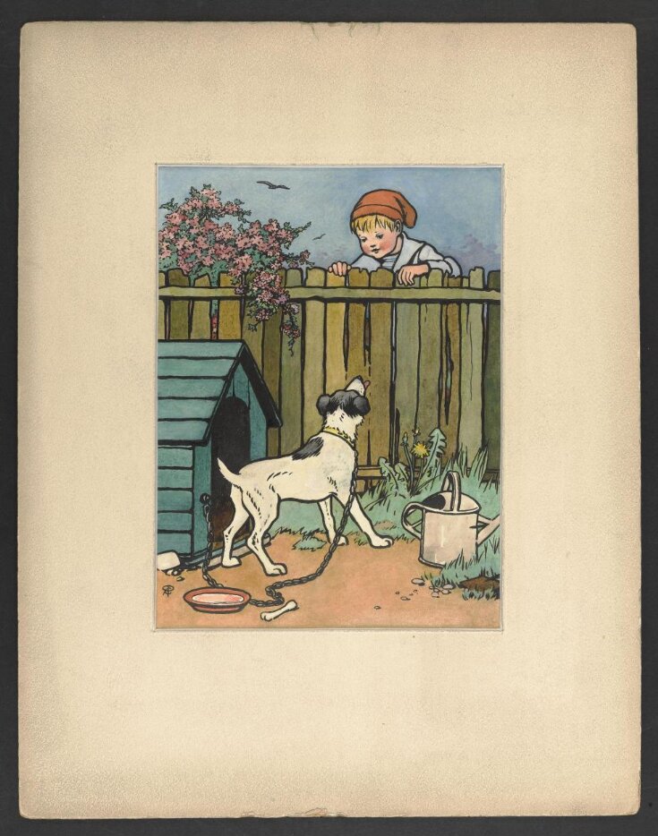 Boy peering over a fence at a dog top image