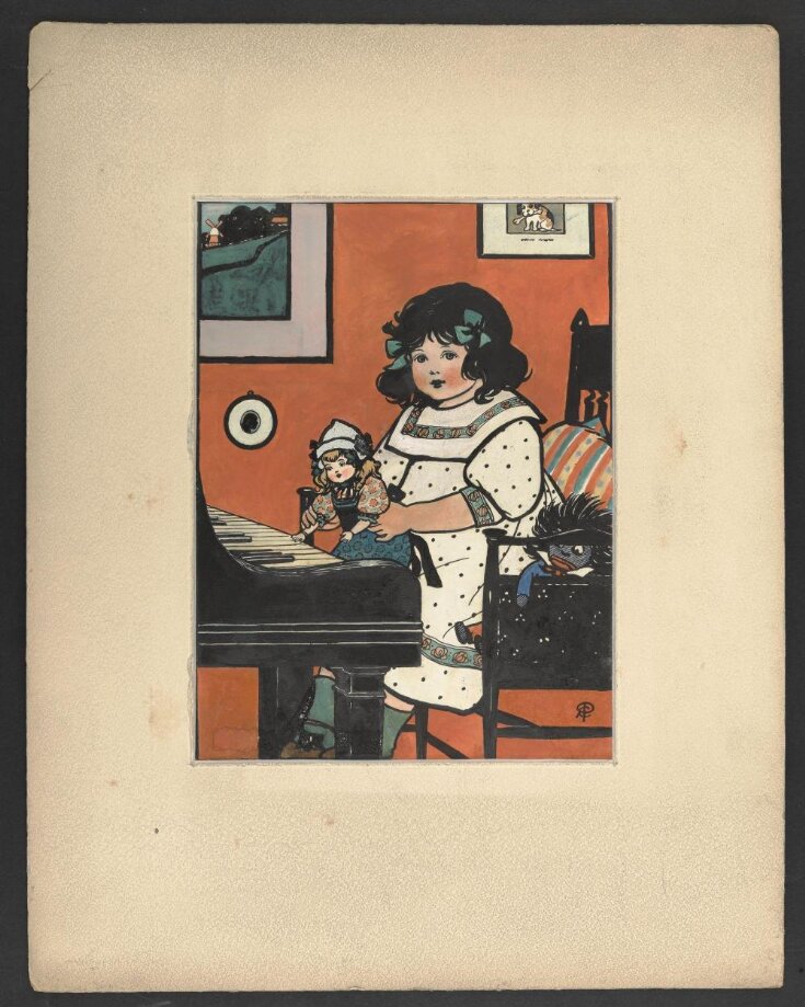 Girl with doll playing the piano top image