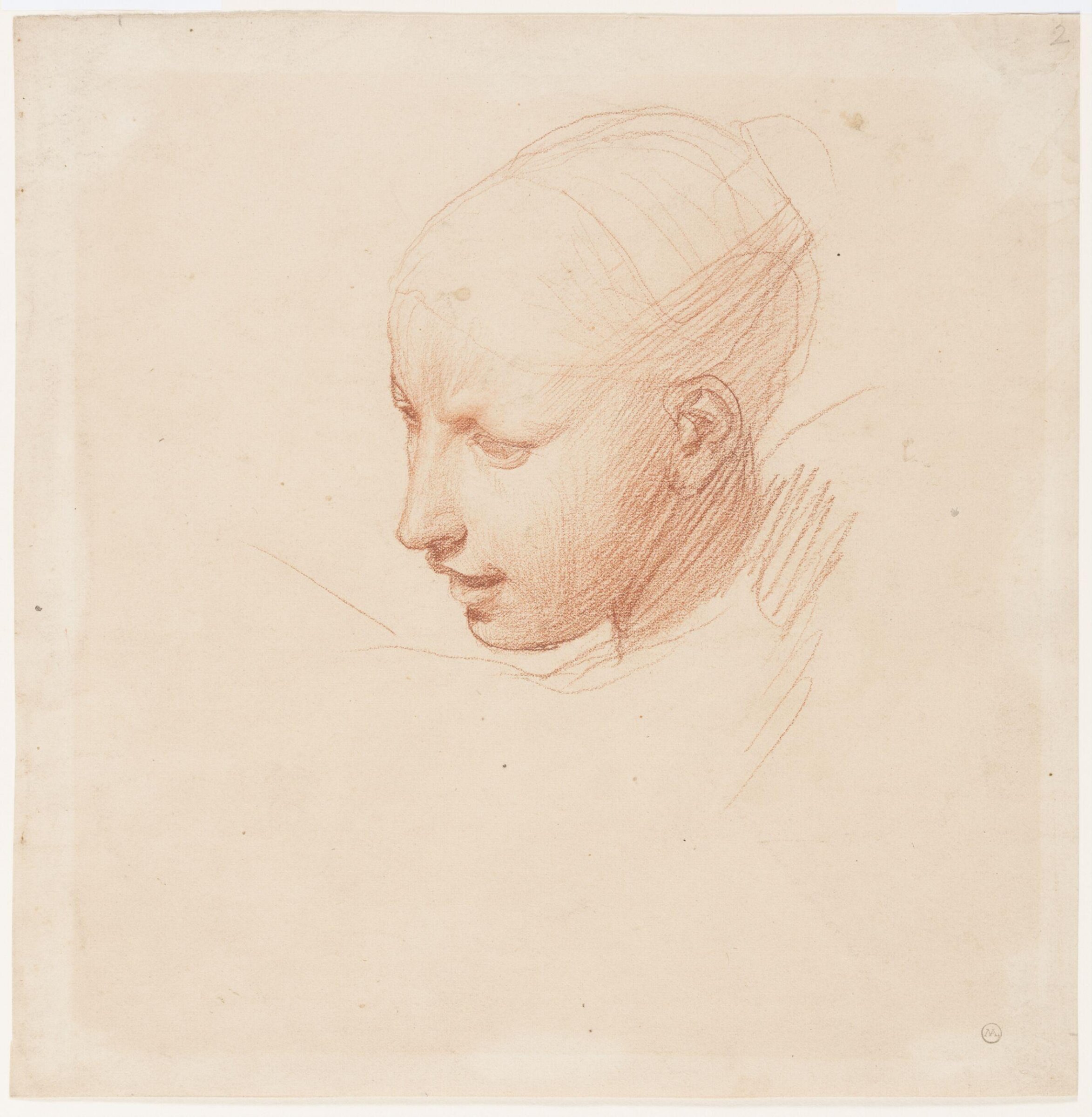 study of a female head, looking downwards with lips parted, half left for the figure of truth, Alfred George Stevens, ca. 1863