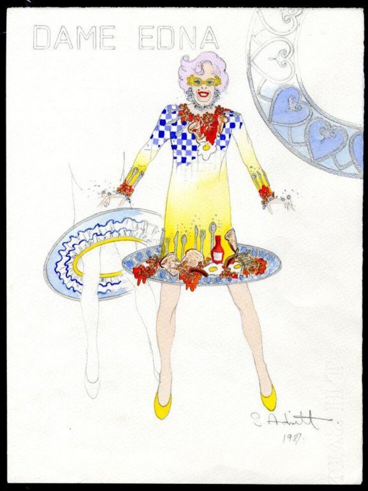 Costume design by Stephen Adnitt for the Breakfast Dress worn by Barry Humphries as Dame Edna Everage for the 1997 television programme Dame Edna's Work Experience top image