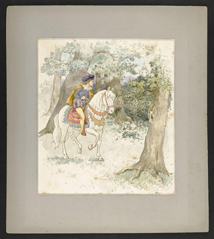 Prince riding a horse in a wood near a castle top image