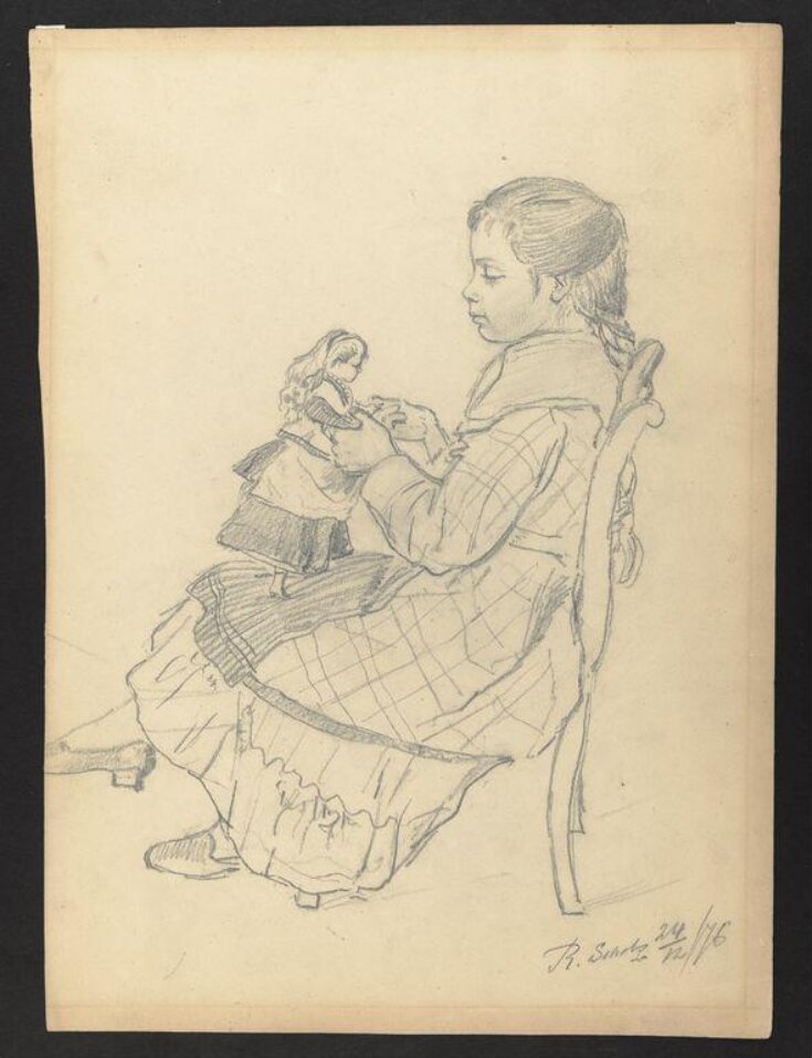 Seated girl holding a doll top image