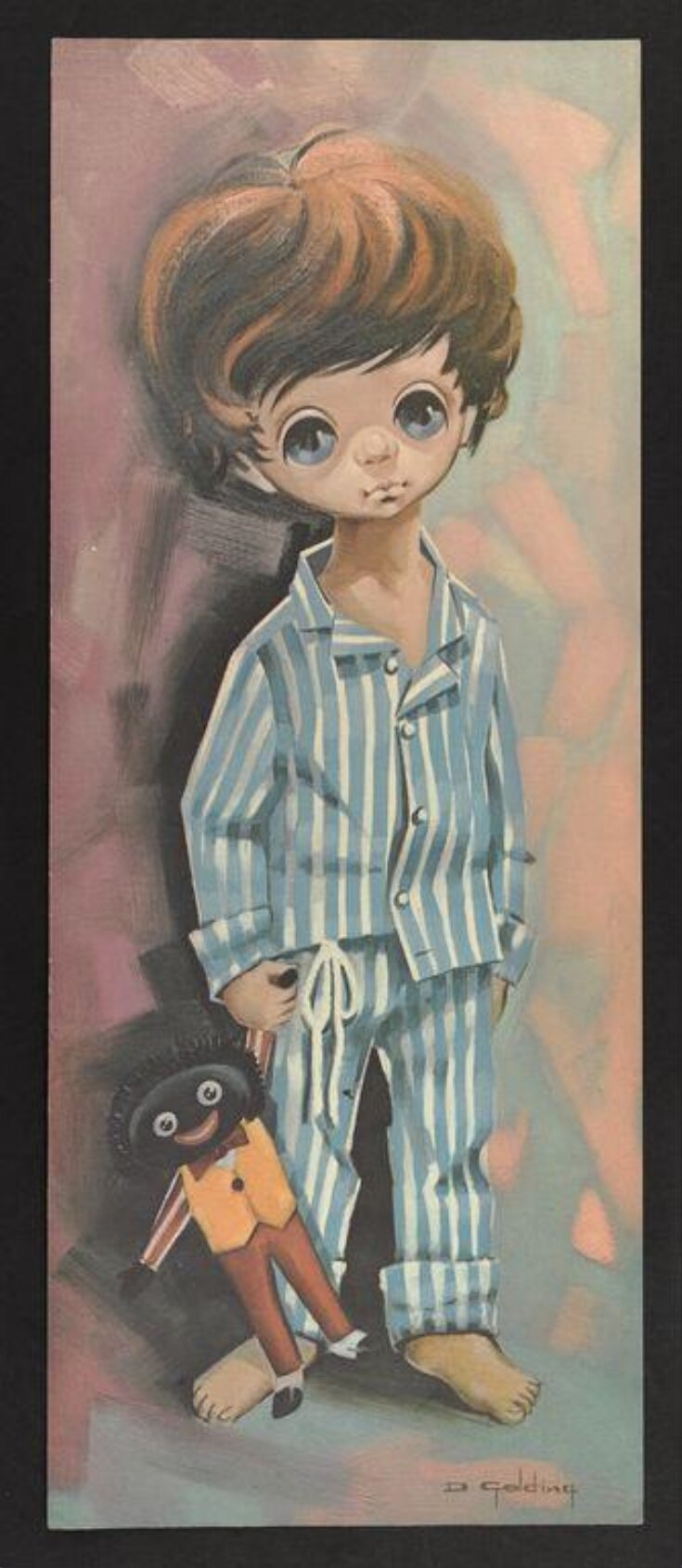 Large-eyed boy holding a golliwog top image