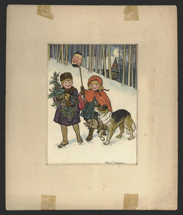 Boy, girl and dog walking in snow top image