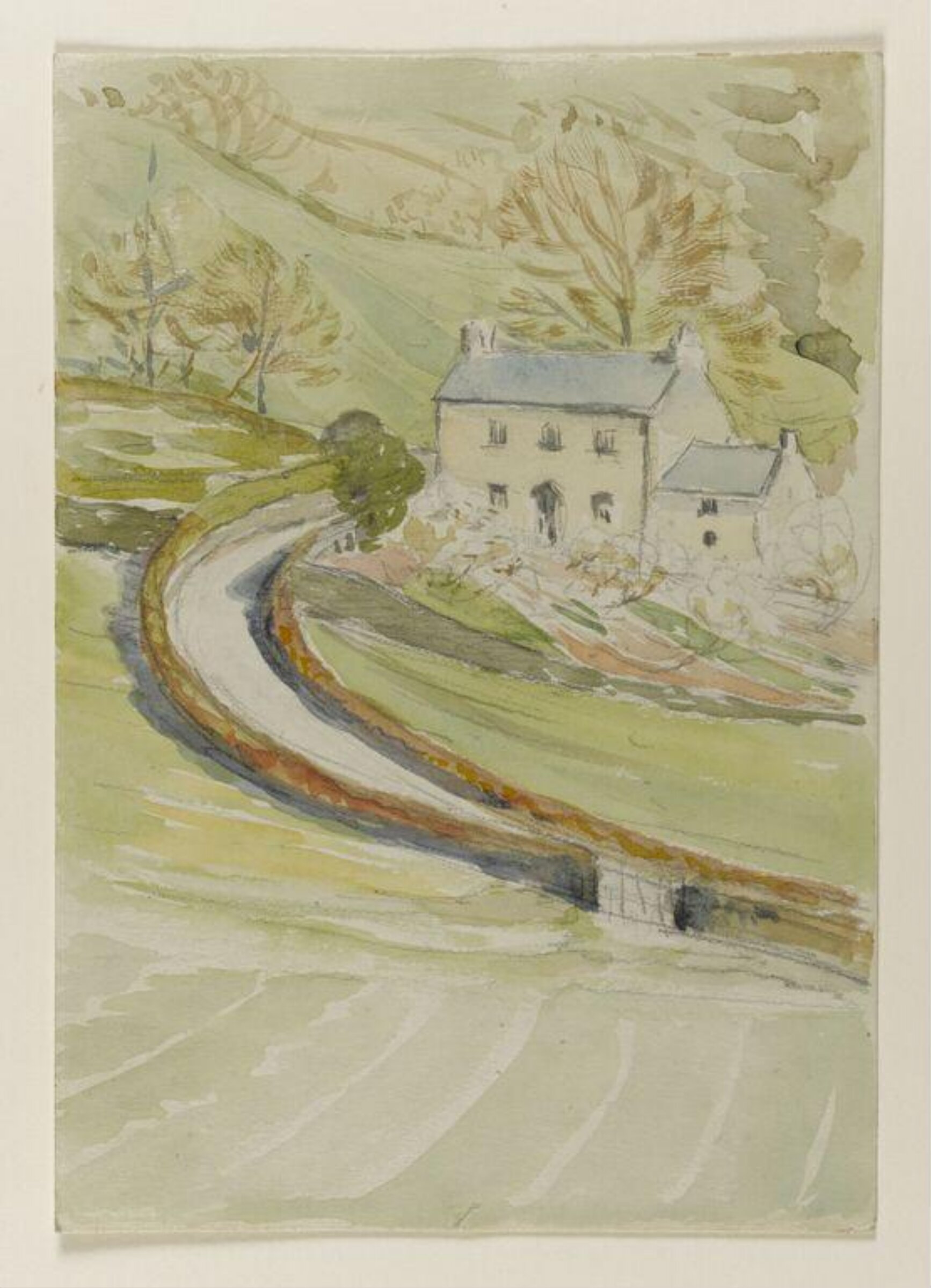 House in a steep-sided valley with a winding road, Beatrix Potter, early 20th century