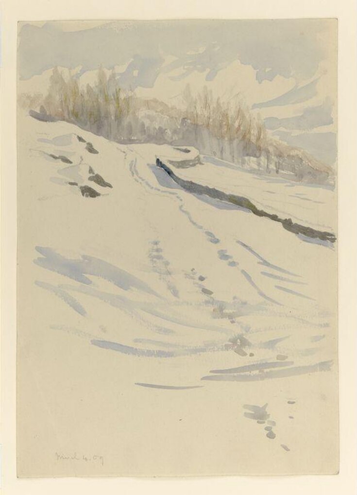 Snow scene with fields and a line of trees top image