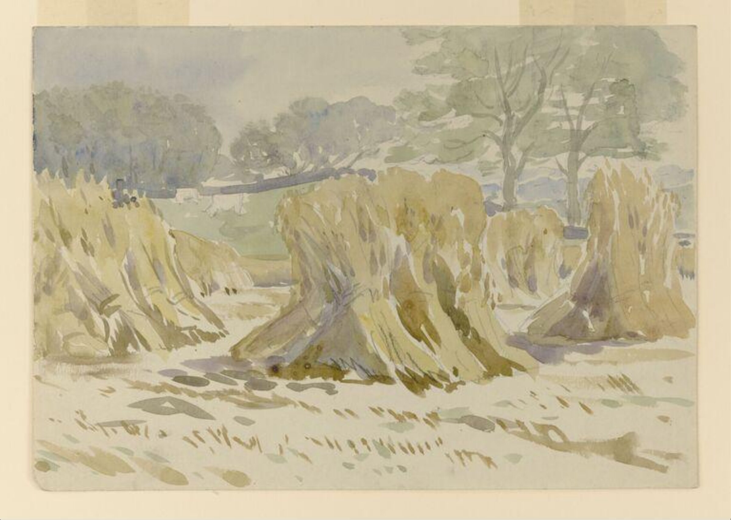 Sheaves of corn, with trees in the distance, Beatrix Potter, early 20th century